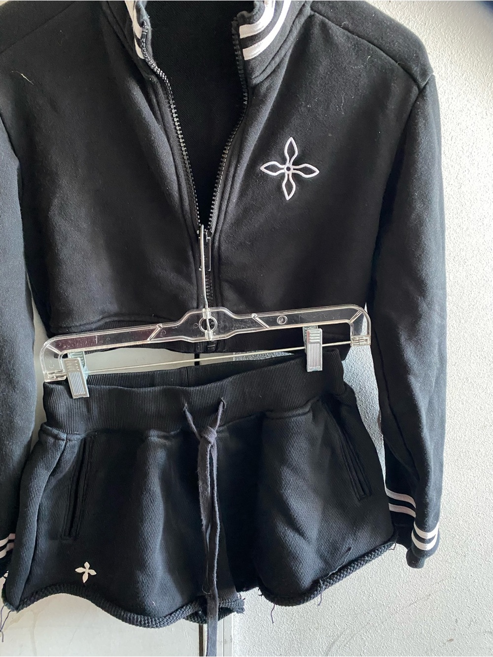 Women's Black Varsity Zip Jacket and Shorts Set with Contrast Trim